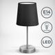 Lampe de table design moderne, tissu noir, pied métal nickel mat, pour ampoule led E14, IP20