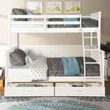 Solid Pine Twin-Over-Full Bunk Bed with Ladders & 2 Storage Drawers & Guardrail, Converts into 1 Twin and 1 Full Bed
