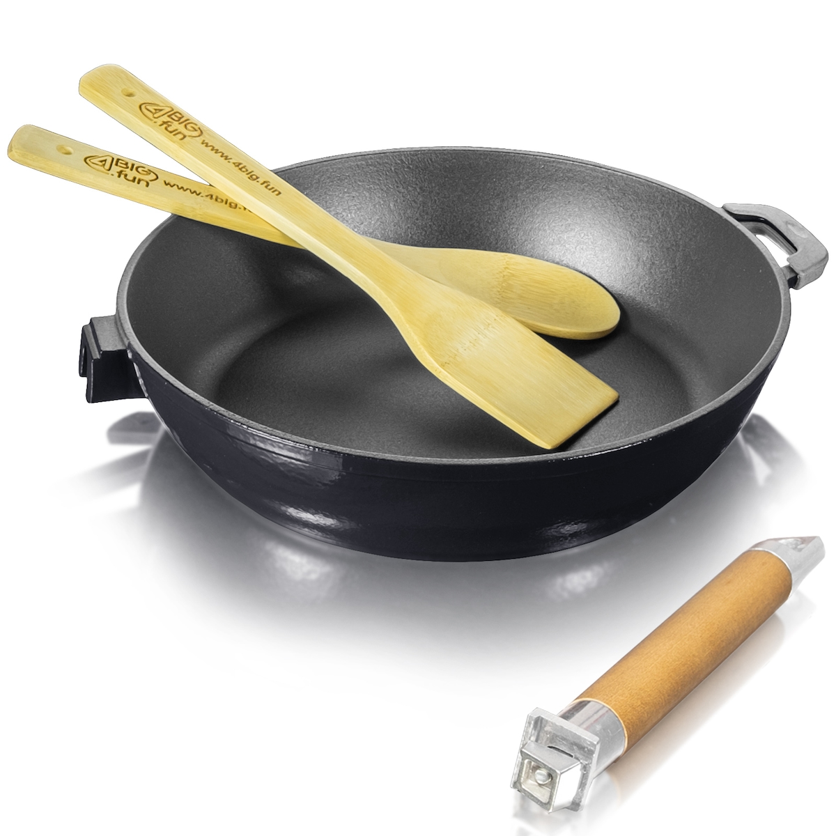 BIOL Emaillierte Gusseisen-Bratpfanne 24cm Tief mit abnehmbarem Griff + Pfannenwender + Kochlöffel Image