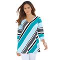 Plus Size Women's Diagonal Stripe V-Neck Tee by Roaman's in Paradise Turq Multi (Size S) Shirt