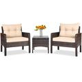 Costway 3 Pieces Outdoor Patio Rattan Conversation Set with Seat Cushions-Beige