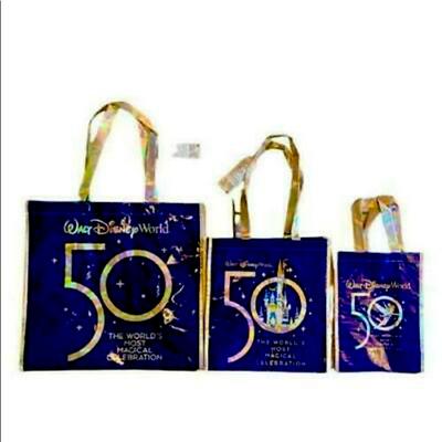 Disney Bags | 2 Left Wdw 50th Celebration Set 3 Reusable Totes-Large,Med & Small + Gift Card | Color: Blue/Gold | Size: Os