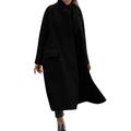 MEITING Womens Elegant Loose Lapel Double Breasted Wool Blend Vintage Plain Trench Coat Over Coat Windbreaker for Work Party Black