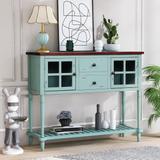 Farmhouse Distressed Sideboard Buffet Console Table with 2 Glass Front Cabinets, 2 Drawers and Slatted Bottom Shelf