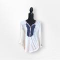 Anthropologie Tops | Anthropologie Postmark Ruffle Flare Henley Top With Polka Dot And Paisley Trim | Color: Blue/White | Size: Xs