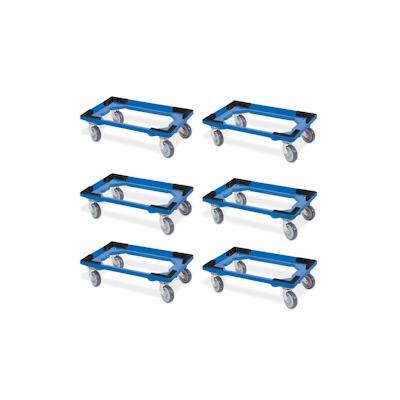 6 Transportroller für 600x400 mm Drehstapelbehälter, offen, gr. Gummiräder, blau