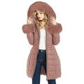 Geschallino Women’s Long Puffer Winter Coat, Parka Coat with Detachable Faux Fur Trim Hood, Black Quilted PU Coat, Pink, M