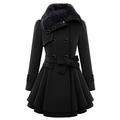 Winter Women Coats QUINTRA Double-Breasted Padded Mid-Length Faux Fur Wool Coat Parka Quilted Coat Long Full Sleeves Cape Cardigan Belted Jacket Trench Coat Black