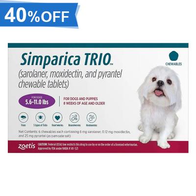 40% Off Simparica Trio For Dogs 5.6-11 Lbs (Purple) 6 Chews