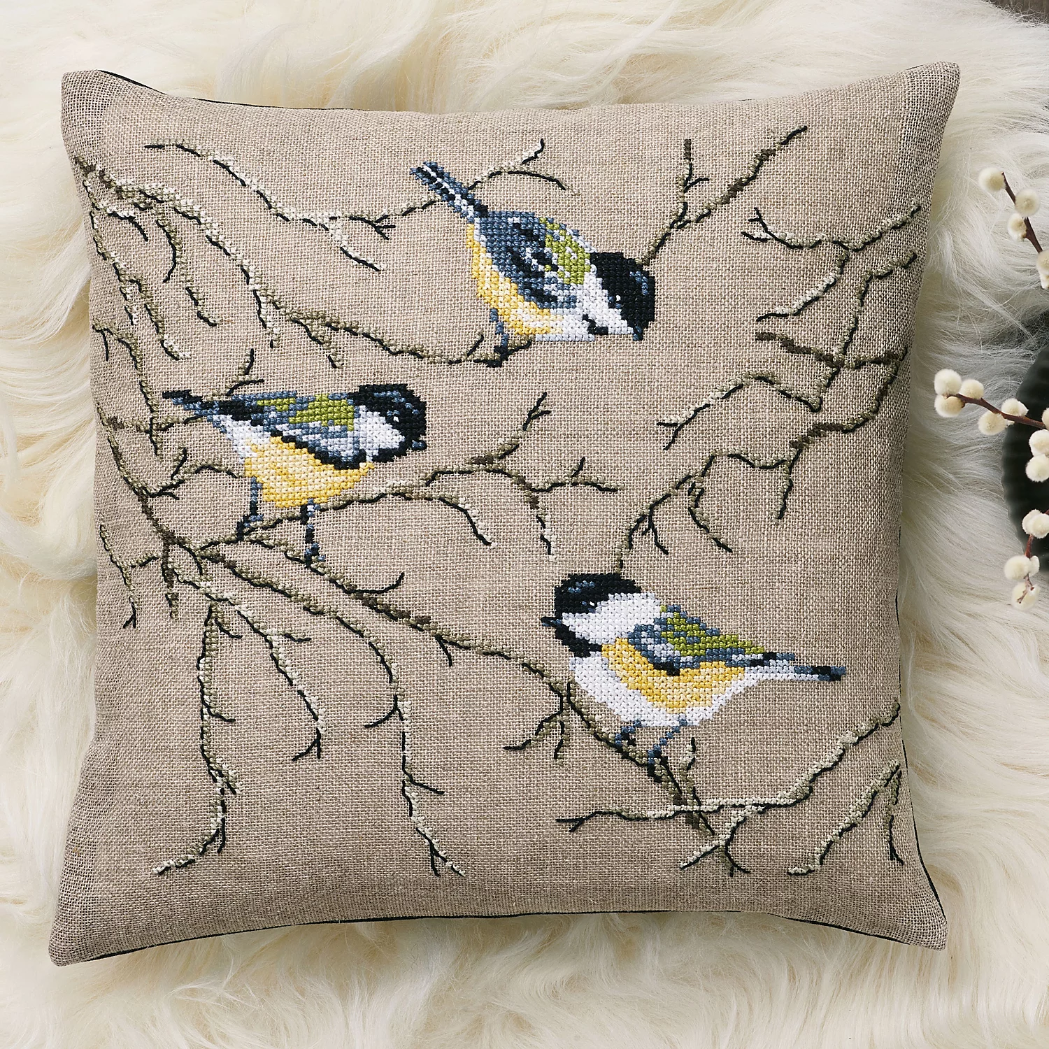 Housse de coussin à broder "mésange", lin