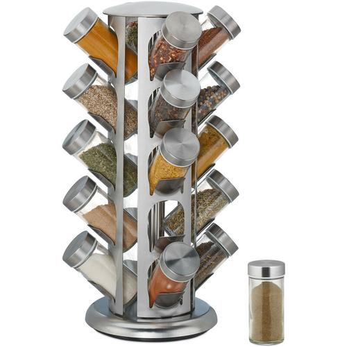 Gewürzkarussell, mit 20 Gewürzgläsern, 360° drehbar, Edelstahl, Glas, HxD 39 x 22 cm, Gewürzregal