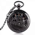 Pocket Watch with Chain Pocket Watch, Exquisite Men Women Black Running Locomotive Mechanical Skeleton Hand Wind Clock Antique Pendant,Steam (Color : Black)