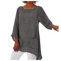 Lazzboy Women Tops Blouse 3/4 Sleeve Casual Loose Solid Artificial Linen Irregular Hem Crew O Neck Pockets Pullover Shirt (M(10),Grey)