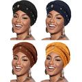 4 Pieces African Women Turban Cap Beaded Headscarf Beanie Twisted Braid Wrap Hat Faux Pearl Headwrap (Yellow, Brown, Navy Blue, Black)