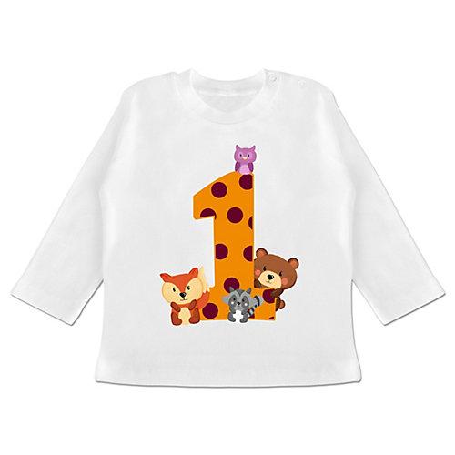 Baby Geburtstag Geburtstagsgeschenk - Baby T-Shirt langarm - 1. Geburtstag Waldtiere - Langarmshirts Kinder weiß Baby