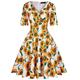 MINTLIMIT Womens 50s Vintage Autumn Dress V Neck Half Sleeve Floral Tea Cocktail Party A-Line Midi Dress,Yellow White,L