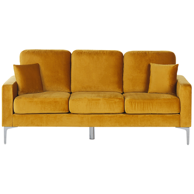 Sofa Gelb Samtstoff 3-Sitzer dicke Polsterung mit 2 Dekokissen Metallfüßen freistehend für Wohnzimmer Salon Flur Diele