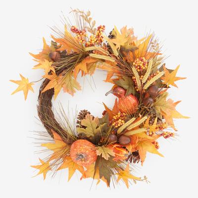 Harvest Wheat Wreath by BrylaneHome in Multi Fall Maple Leaves Berries Pinecones, Wheat Candles Thanksgiving Decoration