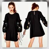 Zara Dresses | Boho Shic Stunning Floral Embroidered Baloon Sleeve Dress | Color: Black | Size: Xs