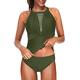 Eternatastic Women Two Piece Swimsuit High Neck Plunge Mesh Ruched Tankini Swimwear Black - Green - Medium