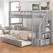 Twin over Twin Solid Pine Wood Bunk Bed with Trundle Bed Frame & Guardrail, Kids Bed with 4 Open Storages & Handrail Stairway