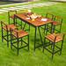 Latitude Run® 7pcs Patio Rattan Bar Set Acacia Wood Frame Stools Table Umbrella Hole Wood/Metal/Wicker/Rattan in Brown/White | Wayfair