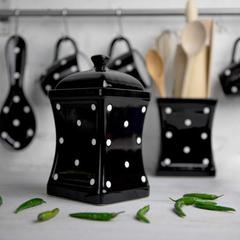 18YRES Handmade & White Polka Dot Large Ceramic 31.5Oz/900Ml Kitchen Storage Jar w/ Lid | Pottery Canister, Cookie Jar, Housewarming Gift in Black