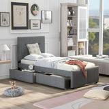 Linen Upholstered Platform Bed With 2 Drawers, Headboard & Solid Pine Frame