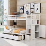 Twin over Full Twin Bunk Bed, Convertible Bottom Bed, Storage Shelves and Drawers, White