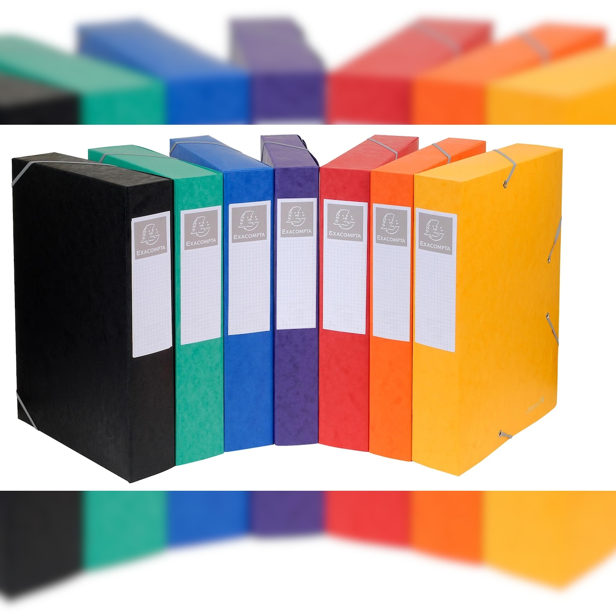 Exacompta 16000H 10x Archivbox Cartobox, flach geliefert Rücken 60mm aus Colorspan, mit 3 Klappen und Gummizug, 25x33cm für DIN A4 - Farben sortiert Image