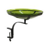 Achla Designs Reflective Crackle Glass Birdbath Bowl With Rail Mount Bracket, 14 Inch Diameter, Fern Green