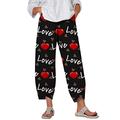 WOOGOD Women's Linen Trousers Love Knotted Print Elegant 3/4 Lightweight Summer Trousers Stretch High Waist Wide Leg Trousers Loose Casual Trousers, Black-002, L