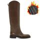 Black Leather Chunky Heels Knee High Boots Round Toe Slip On Long Boots Med Heels Solid Botas Flat Shoes for Women's Boots Dark Khaki Velvet, Shoe Size : 35