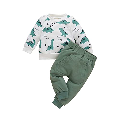 (3-24 Months) Boys Girls Clothing Long Sleeve Shirt Tops + Trousers Suit Crew Neck Plain Print Pullover Sweatshirt Set Baby Unisex Autumn and Winter Warm Casual, Green, 6- 9 Months