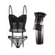 Women's Sexy Bustiers Corsets Push Up Off Shoulder Crop Tops and Thong and Stocking Set Black