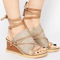 Free People Shoes | Free People Bowery Lace-Up Ankle Tie Wedge Sandal | Color: Gray/Tan | Size: 41eu