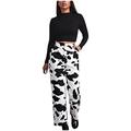 Fashion Loose Wide Print Women Pants White Pants Leg Jeans Waist Cow Pocket High Pants (White, M)