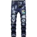 Qinvern Men's Fashion Patch Decoration Ripped Jeans Slim Straight Stretch Comfortable Casual All-Match Denim Trousers 36 Dark Blue