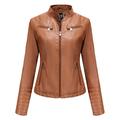 SRUQ Women's PU Leather Jacket Ladies Biker Style Soft Jackets with Zip Pockets Fitted Vintage Short Coat (XXL, Khaki)