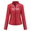 SRUQ Women's PU Leather Jacket Ladies Biker Style Soft Jackets with Zip Pockets Fitted Vintage Short Coat (L, Red)