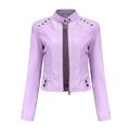 BDCUYAHSKL Autumn and Winter Casual Fashion Women's Stand-Up Collar Solid Color Short Leather Jacket Shoulder Rivet Decoration Slim Fit Zipper Jacket Thin Section Jacket Women Purple