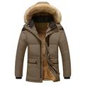 Men's Quilted Padded Parka Zipper Autumn Winter Fleece Faux Fur Trimmed Hooded Warm Overcoat Windproof Casual Jacket with Pocket