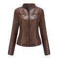 BDCUYAHSKL Autumn and Winter Casual Fashion Women's Stand-Up Collar Solid Color Short Leather Jacket Slim Zipper Pocket Jacket Thin Coat Motorcycle Jacket Women Brown