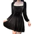 Mhomzawa Women Slim Dress Black Long Sleeve Lace Splice Dresses Button U-Shaped Elegant Dress Party Gothic Dress Casual Short Dress Women Dress (Black, L)