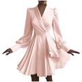 Mhomzawa Ladies Casual Dress Long Dresses Women's Puff Long Sleeved V Neck Elegant Party Loose Solid Swing Waist Dresses Party Women's Dress (Pink, M)