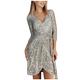 Women's Elegant Sequin Glitter V-Neck Party Dress 3/4 Sleeve A-Line Dress Evening Dress Tie Waist Sexy Wrap Mini Dress (Silver, L)