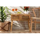 Baxton Studio Falan Mid-Century Modern Oak Brown Finished Wood 2-Drawer Console Table with Rattan - Wholesale Interiors FZC20653-Wooden/Rattan