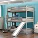 Triple Twin Bunk Bed, YOFE Twin Over Twin Over Twin Bunk Bed for Kids, Triple Bunk Bed with Ladder and Slide, Wood Twin Triple Bunk Bed for Bedrooms, Dormitories, No Box Spring Need, Gray, R4541