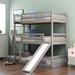 Triple Twin Bunk Bed, YOFE Twin Over Twin Over Twin Bunk Bed for Kids, Triple Bunk Bed with Ladder and Slide, Wood Twin Triple Bunk Bed for Bedrooms, Dormitories, No Box Spring Need, Gray, R4531
