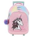 Mozioni Kids Fashion 18" Rolling Backpack for Girls, School & Travel with Hard protective base with interior lights and Rainbow Unicorn with pom pom fur and flip sequin material.